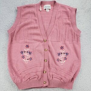 Carly Blake Vest Womens XL Pink Floral Embroidered Button Front Knit Sweater NEW